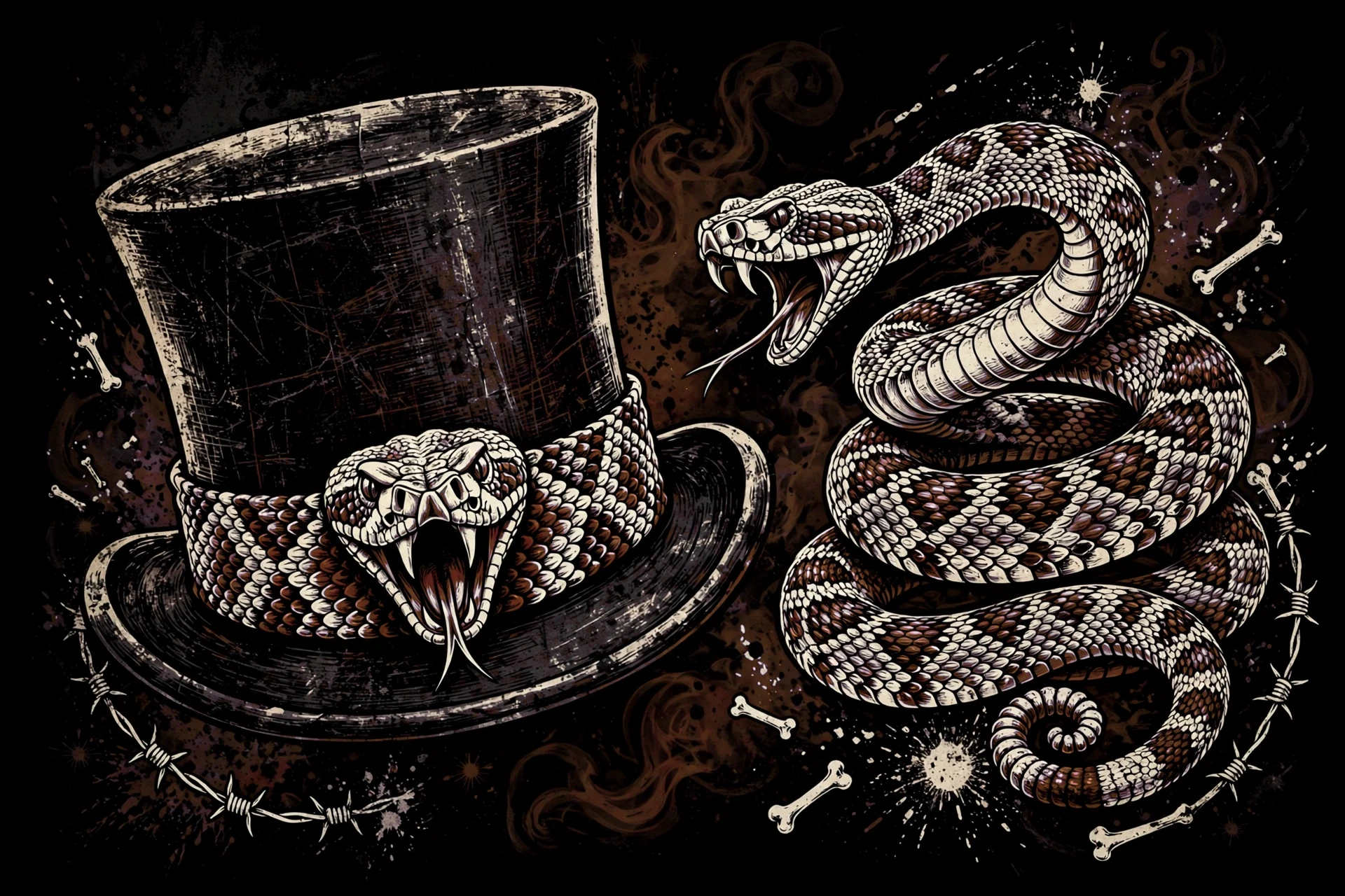 BigMosh top hat with a rattlesnake band, beside a coiled rattlesnake