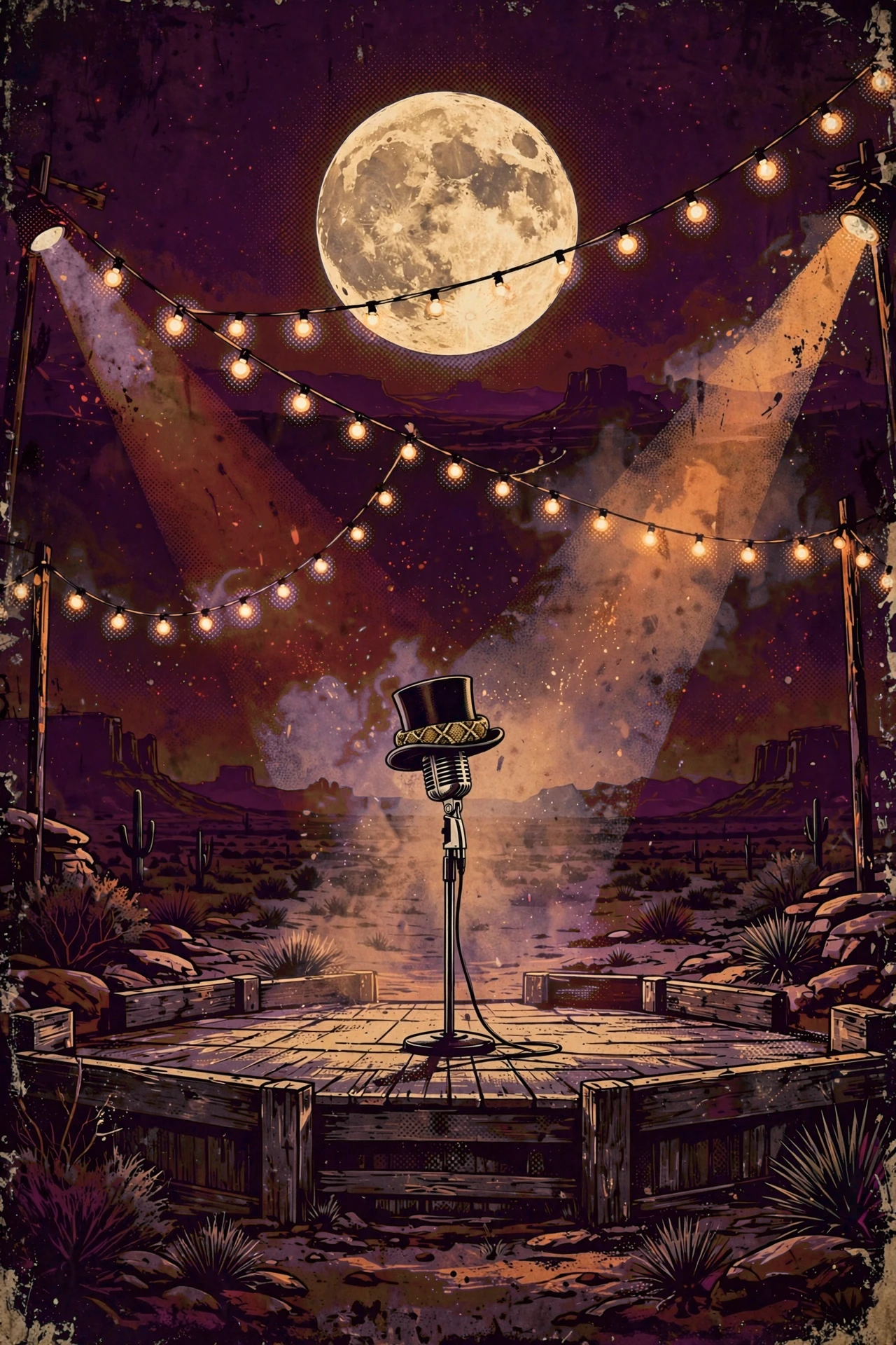 Illustration of an empty desert stage at night — a microphone stand wearing BigMosh's top hat under string lights and a full moon